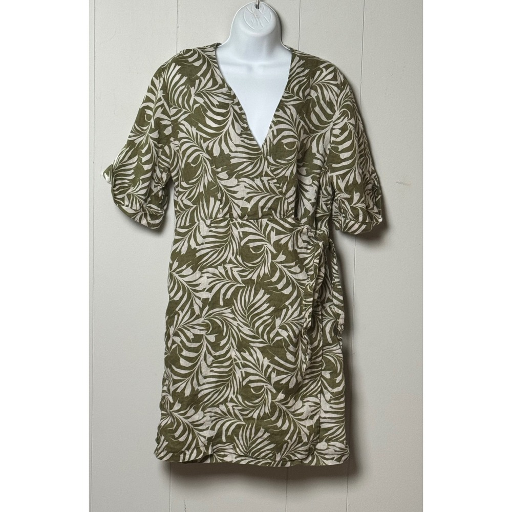 Garnet Hill Olive Green and Cream Leaf-Print Midi Dress